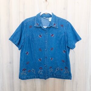 VTG Erika & Co Womens Denim Short‎ Sleeve Shirt Size L Embroidered Floral 90s